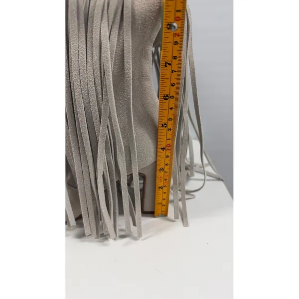 Fringe Western Tall Boots Square Toe Block Heel Beige Faux Suede Boho Stone 7,5 - Image 6