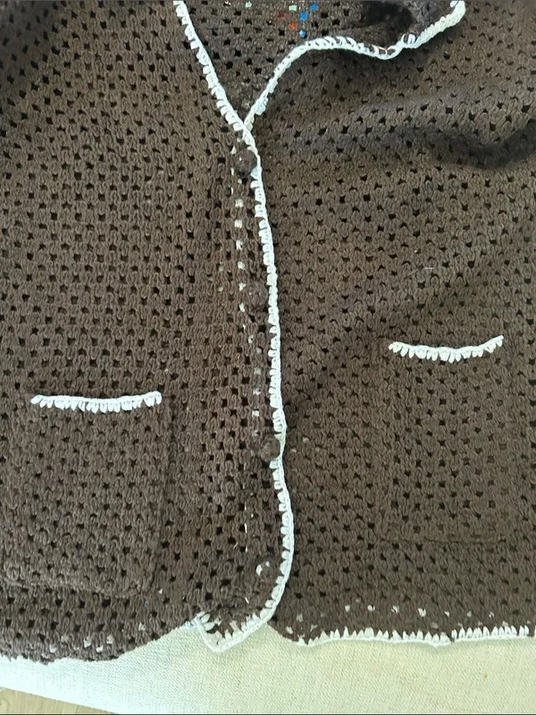 Elan Crochet Button-Up Cover-Up TOP, Brown/White, Size Medium, NWT - Image 9