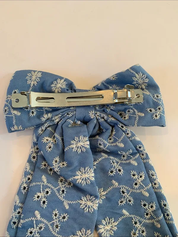 Blue and White Eyelet Embroidered Long Tails Bow French Barrette Hair Clip - Image 3