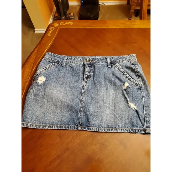APT 9 Kohls Distressed Blue Jean Mini Skirt Denim Raw Edges Size 16 - Image 4