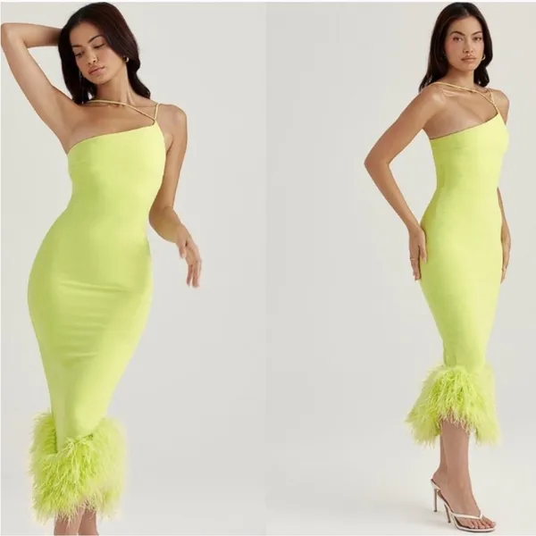 NWOT House of CB ‘Alessia’ Lime Feathered Midi Dress sz XS - Image 3