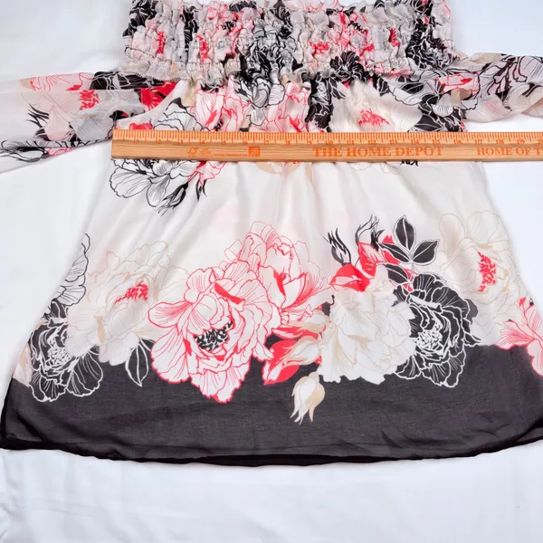 White House Black Market Floral Smocked Off Shoulder Blouse Pink Black Large - Image 7