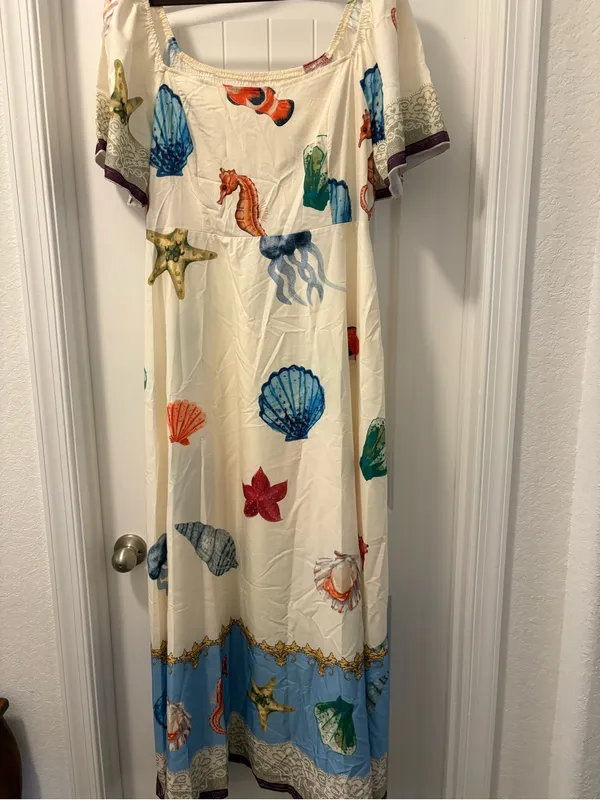 SHEIN Cream Maxi Dress with Blue Border and Multicolor Seashell Prints Size 2X - Image 6