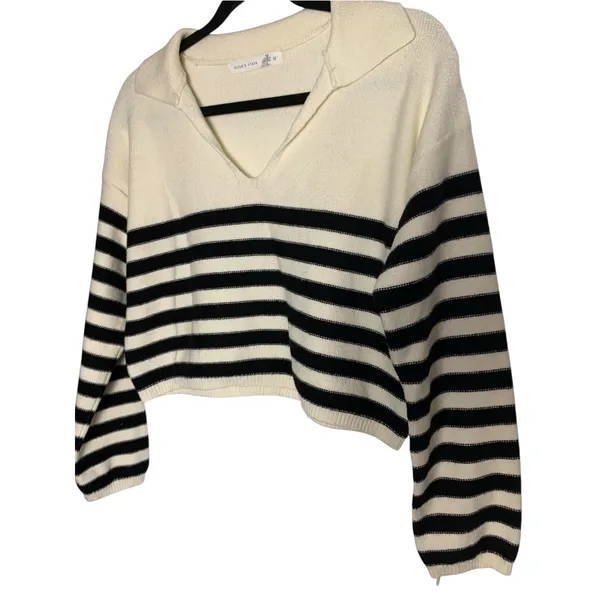 Altar’d State Sweater Womens XS Ivory Black Stripe Collared Coastal Preppy Knit - Image 3