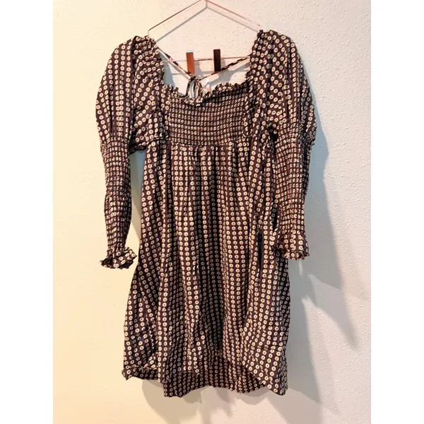 Free People Women Mini Dress L Brown Gingham Smocked Ruffle Cotton OB2049348 - Image 10