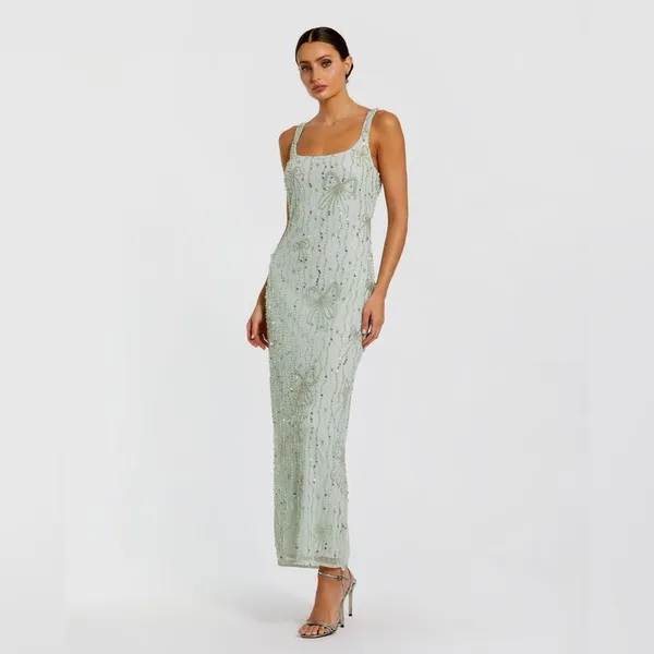 MAC DUGGAL 94129 Green Beaded Mesh Scoop Neck Fitted Gown With Bows - Image 5