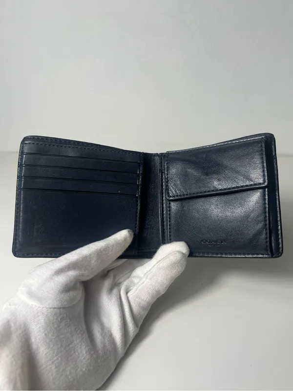 Coach Men's Signature Leather Black & Charcoal Bifold Wallet W/ Coin Pocket - Image 9