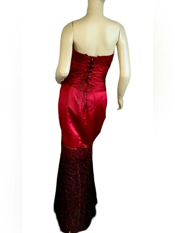 Belsoie Red & Black Strapless Mermaid Style Satin Beaded Gown (6) - Image 3
