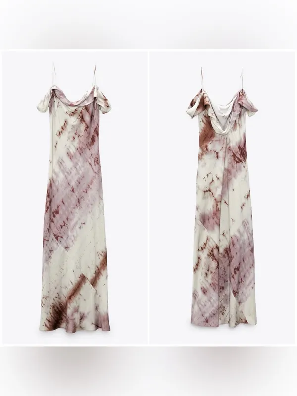 NWT- ZARA Satin Tie-Dye Maxi Slip Dress Off Shoulder Purple Cream Sz XL - Image 5