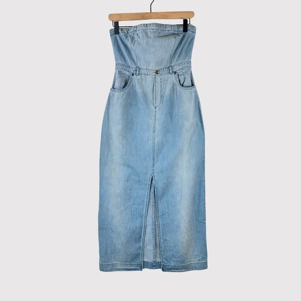 NWT Free People Dress Blue Picture Perfect Midi Denim Strapless Jean Size 2 - Image 2