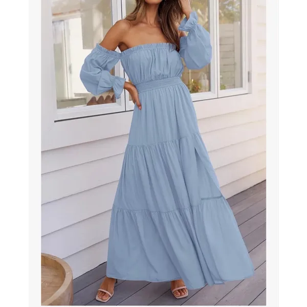 NEW Blue Off Shoulder Split Flowy Wedding Guest Maxi Dress M 8/10 - Image 7