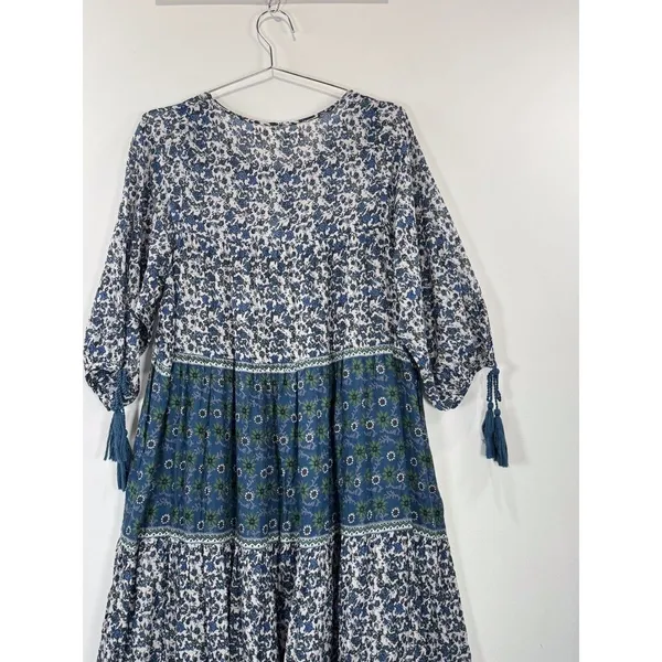 Daughters of India Maxi Dress Blue Floral Ditsy Tiered A Line Flowy Boho Medium - Image 10