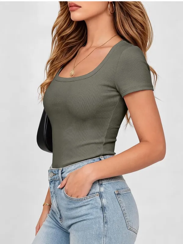 Ribbed Scoop Neck Short Sleeve Top - Olive Green - Image 2