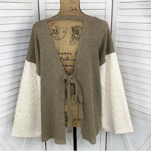 POL Open Tie Back Sweater Bell Sleeve Color Block Brown Cream Large‎ Boho - Image 4
