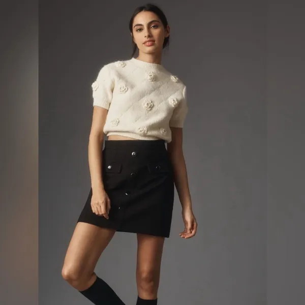 Maeve by Anthropologie Black Textured Tweed Mini Skirt Size XL Twee Career Basic - Image 3