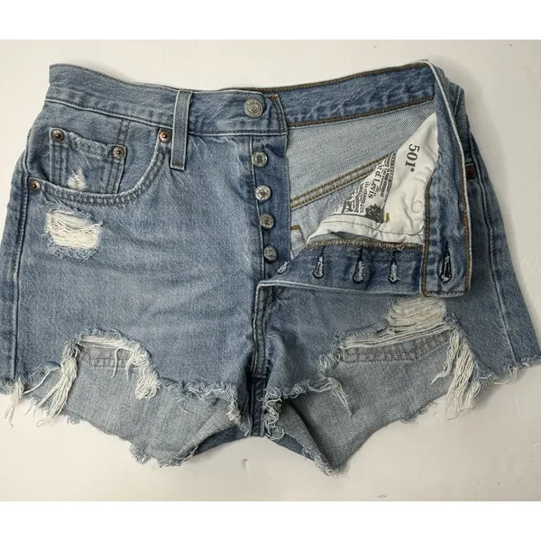 Levi's 501 Cut Off Denim‎ Shorts Womens W25 Distressed Raw Hem Beach Party Blue - Image 13
