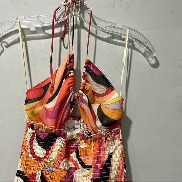 Sky‎ To Moon Dress Small Runched Mini Spaghetti Strap Open Back Orange Pi… - Image 4