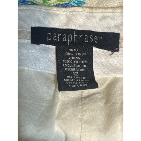 Paraphrase Linen Pants Womens 12 Ivory Embroidered Dragonfly Wide Leg Crop - Image 8