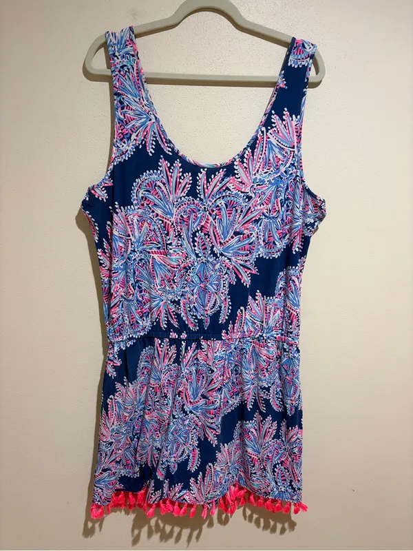 Lilly Pulitzer Jarrett Romper Sleeveless Tank Navy Blue Pink Tassels Size XL - Image 8