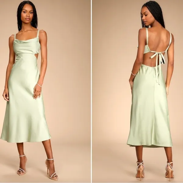 LULU's Prom Wedding Bridesmaid Sexy Satin Asymmetrical Elegant Midi Dress - Image 2