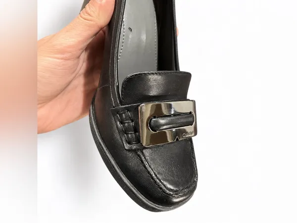 Vintage 90s Calvin Klein Black Leather Square Toe Loafer Pumps Y2K Block Heels - Image 6