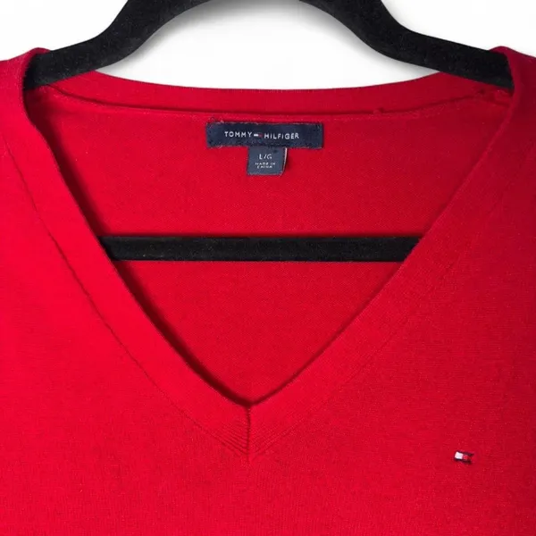 Y2K Tommy Hilfiger Red V-Neck Sweater Women's L 100% Cotton Tiny Logo Preppy - Image 3