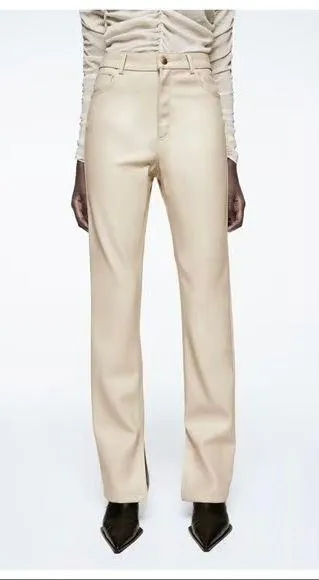 Zara Faux Leather Pants Cream - Image 3