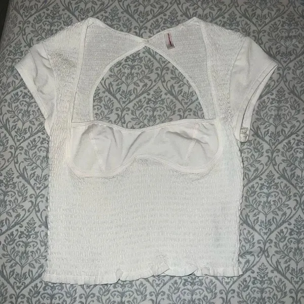 NWOT Free People Smocked Sweetheart Open Back Cap Sleeves Crop Top white ribbed - Image 6