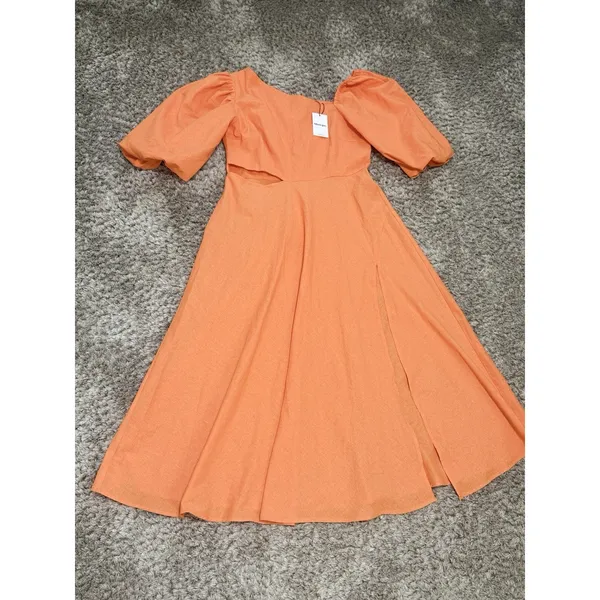 Showpo Rhyne Midi Dress Orange Asymmetric Puff Sleeve Side Cut Out A Line 12 NWT - Image 6