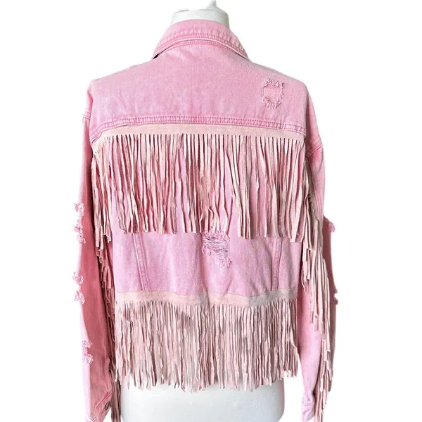 Cropped Pink Distressed Fringe Denim Jean Jacket L Western Cowgirl Festival - Image 3