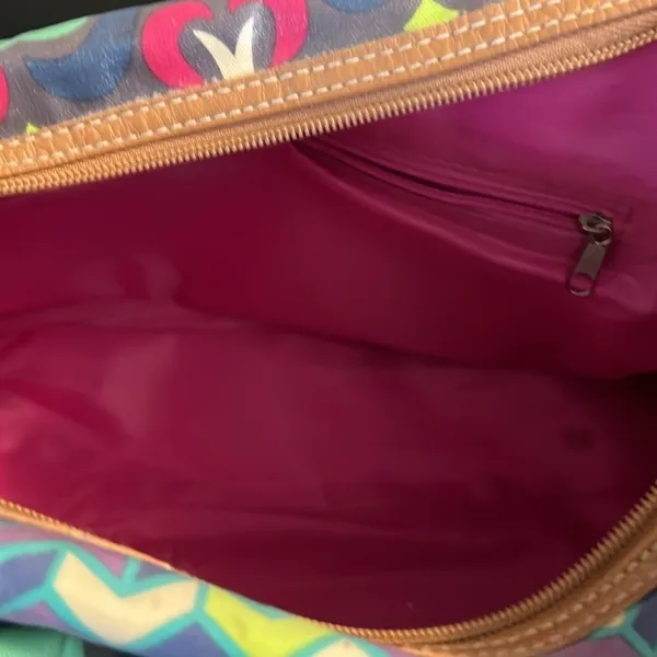 Lily Bloom Multicolor Satchel Handbag‎ Geometric Floral Coated Canvas Brown Trim - Image 8