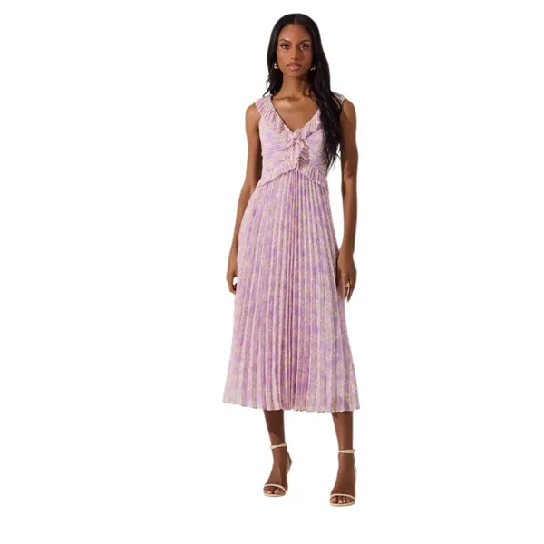 ASTR THE LABEL Floral Ruffle Pleated Midi Dress Lilac Size Small New - Image 3