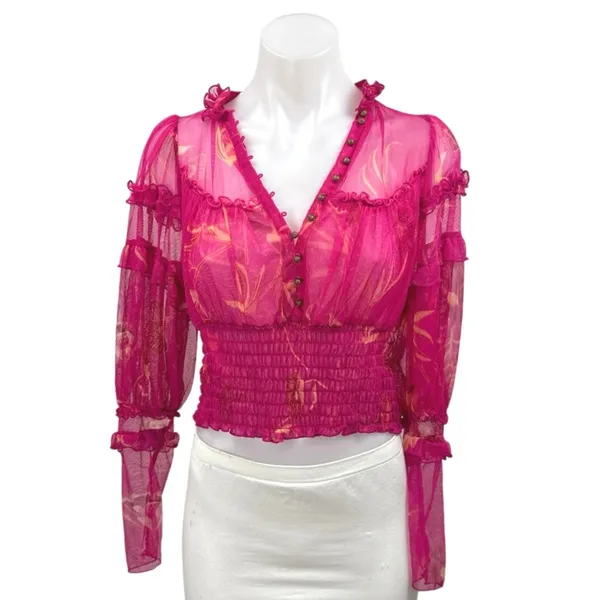 Free People Time To Shine Pink Floral Mesh Long Balloon Sleeve Crop Blouse XS - Image 2