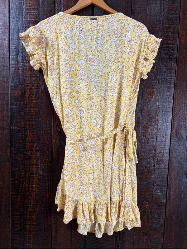 Billabong Yellow Floral Wrap Ruffle Dress Small - Image 6