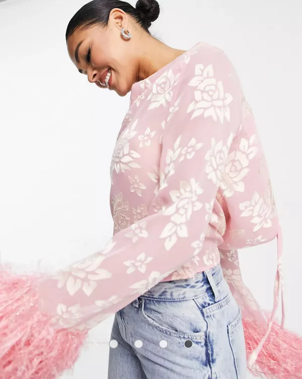ASOS NWT DESIGN sheer floral jacquard cowl neck top with faux feather trim sleeves in pink. Size 12 - Image 4