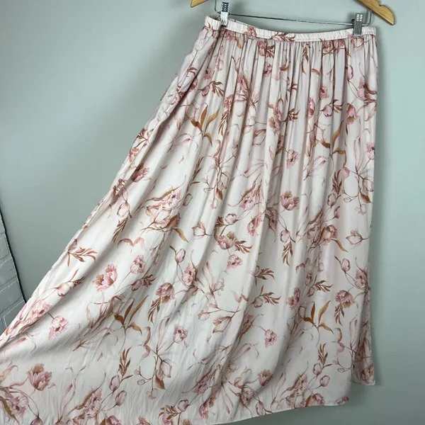 T Tahari Maxi Skirt Womens Large Cream‎ Pink Floral A-Line Stretch Lightweight L - Image 5
