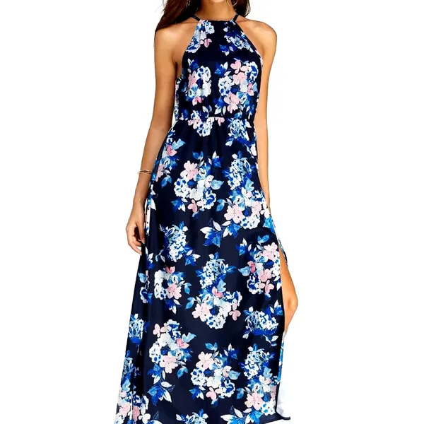 Floral Halter Neck Split Maxi Dress In Navy By Miss Floral L - Image 6