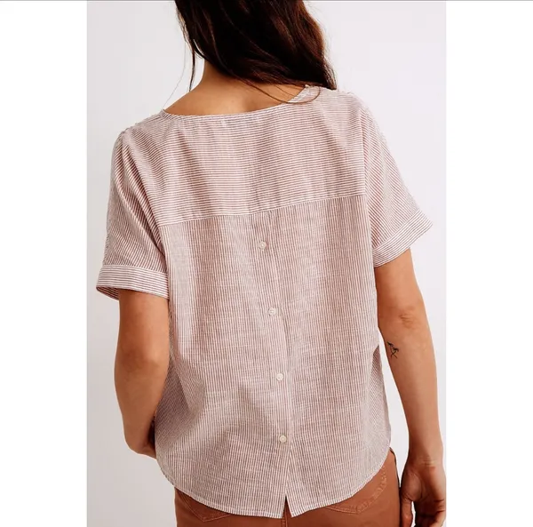 Madewell V-Neck Button-Back in Strip Short Sleeve Red White Blouse - Image 2