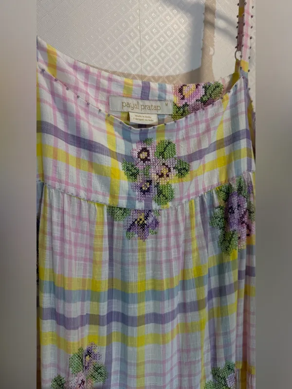 Anthropologie Payal Pratap Pastel Yellow & Pink Floral Plaid Maxi Dress - Image 11