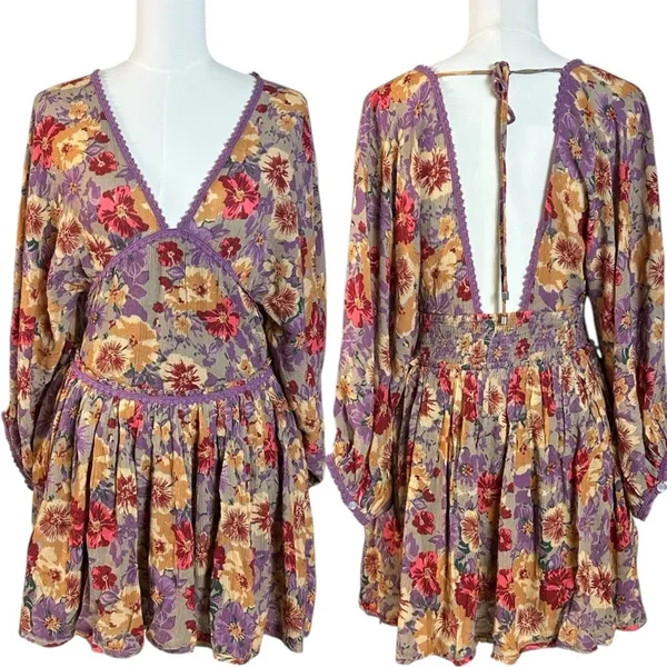 Free People Bohemian Sweet Dreams Mini Dress Lavender Floral Lace Small - Image 7