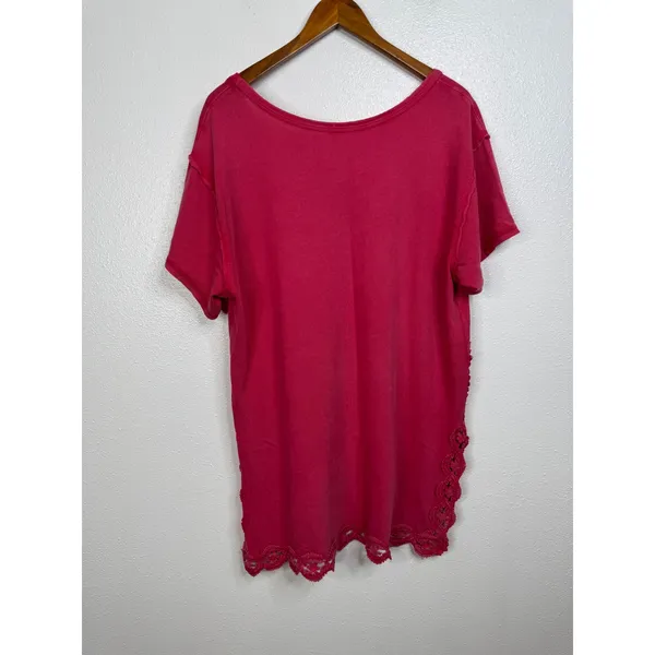 Free People Pink‎ Crochet Lace Trim Short Sleeve Boho Knit Top Women Medium - Image 2