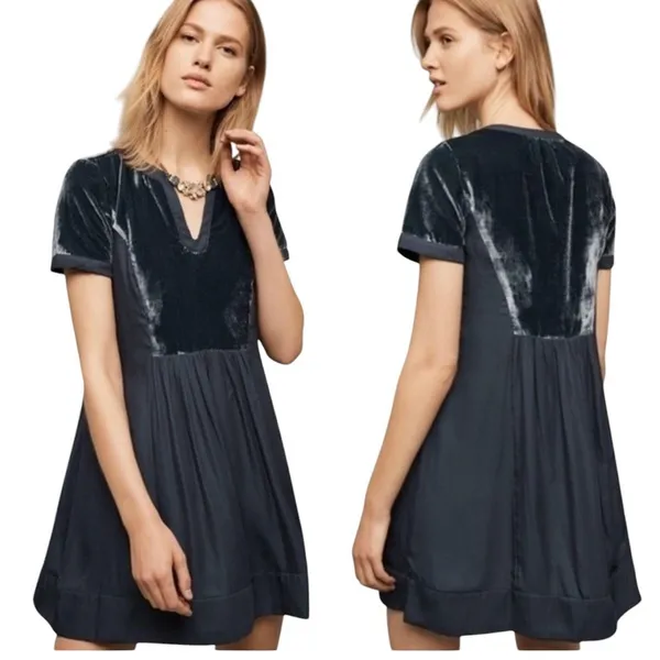 Anthropologie Maeve Floral Lily Velvet Shift Dress‎ Size XS Petite Navy Blue - Image 2