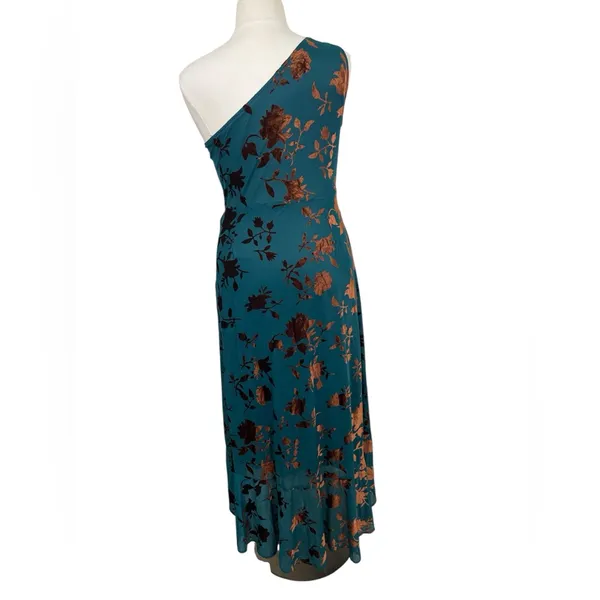 Wedding Guest Green Velvet Floral One Shoulder Knot Waist Leg Split Maxi Dress - Image 5
