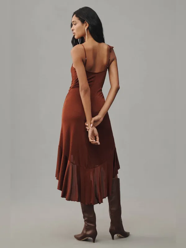 Anthropologie One-Shoulder Ruffled High-Low Midi Dress in Brown - Image 3