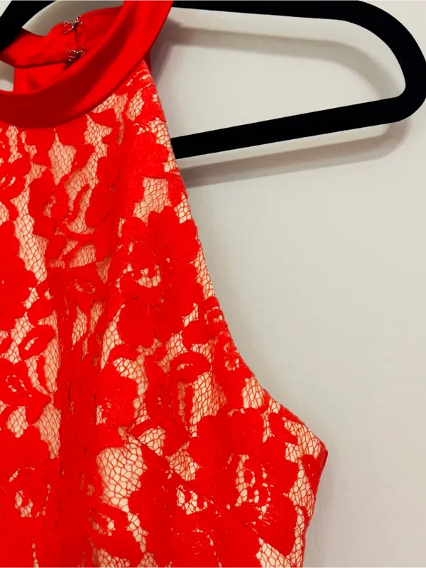 ABS Allen Schwartz Red Floral Lace Halter Dress Sheath Cocktail Wedding Guest 4 - Image 10