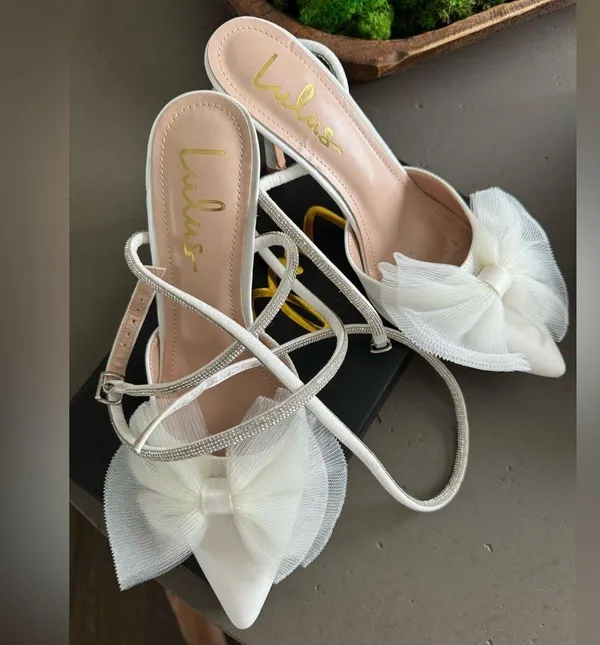 Lulus Lelanee White Satin Rhinestone Bow Ankle Strap Pumps - Image 7