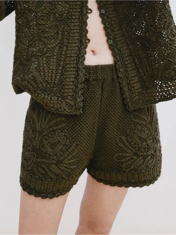 Zara NWT Crochet Lace Shorts in Olive Green - Women's - Image 2