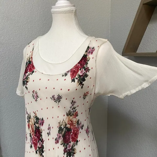Nostalgia Cream Floral Maxi Dress Layered Short Sleeve Polka Dot 100% Rayon - Image 3