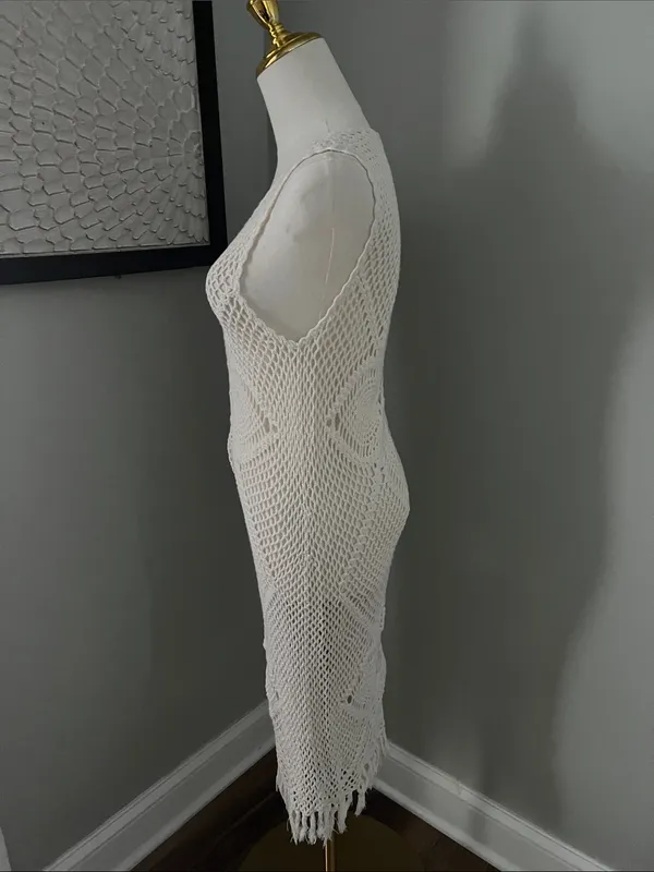 Charlotte Russe Cream Crochet Knit Sleeveless Coverup Dress - Image 3