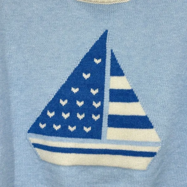 Threaded Leaf Women's Cropped Knit Sweater Blue Sailboat Puff Sleeve Sweater NWT - Image 2